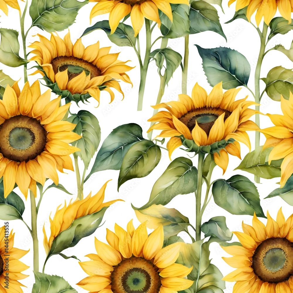 Fototapeta premium Watercolor Sunflowers Seamless Pattern