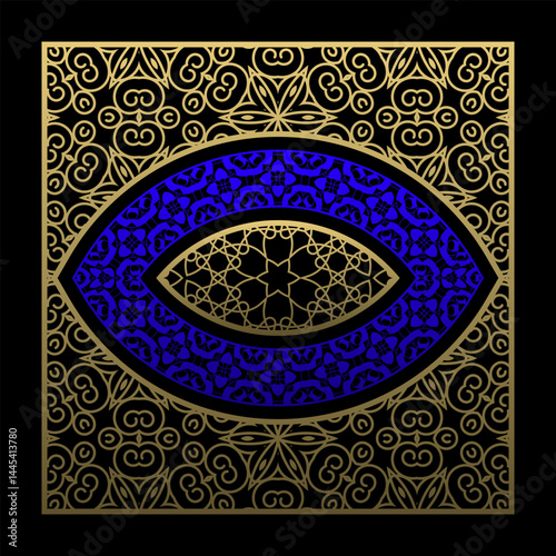 Eye-shaped golden motif with intricate blue ornaments and central arabesque design. Ideal for spiritual projects, wall art, or ethnic branding elements.