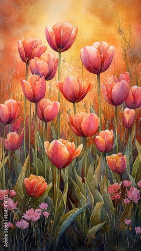 Vibrant blooming tulips in a colorful garden scene with warm sunlight, detailed petals, lush green leaves, and a dreamy background showcasing sp beauty