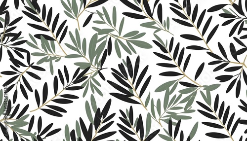 Seamless Pattern of Olive Branches in Black and Green