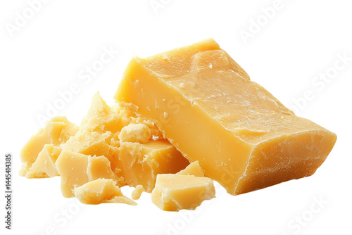 Rich creamy cheddar cheese block and crumbles isolated on white background with bright studio