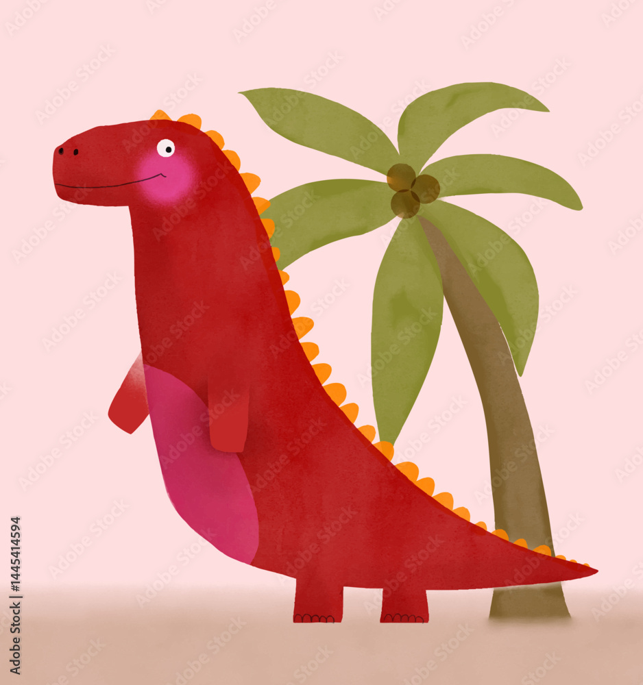 custom made wallpaper toronto digitalCute Red Dinosaur. Funny Tyrannosaurus And Palm Tree. Simple Nursery Art with Red Hand Drawn Dino on a Pastel Pink Background. Funny Prehistoric Animal Print Ideal for Card, Wall Art, Poster. 