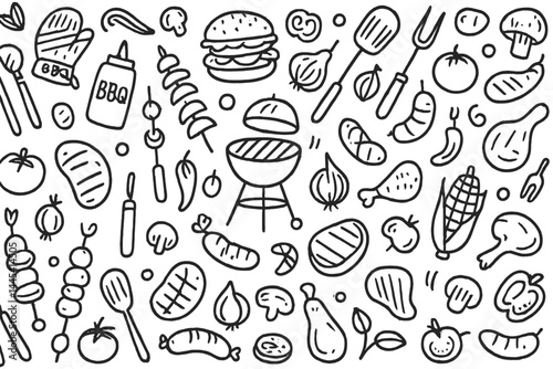 Diverse collection of barbecue and grilling icons featuring food, utensils, and condiments