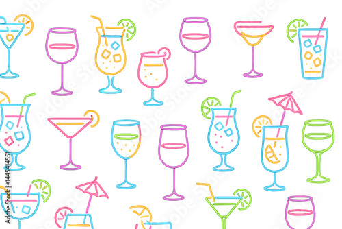 Colorful vector icons of various cocktails and drinks displayed in a repetitive pattern for festive occasions and events