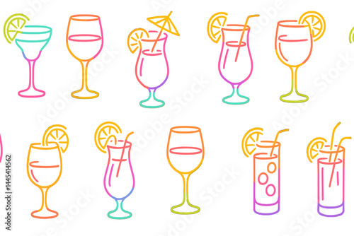 Colorful vector icons of various cocktails and drinks featuring garnishes for entertaining visuals