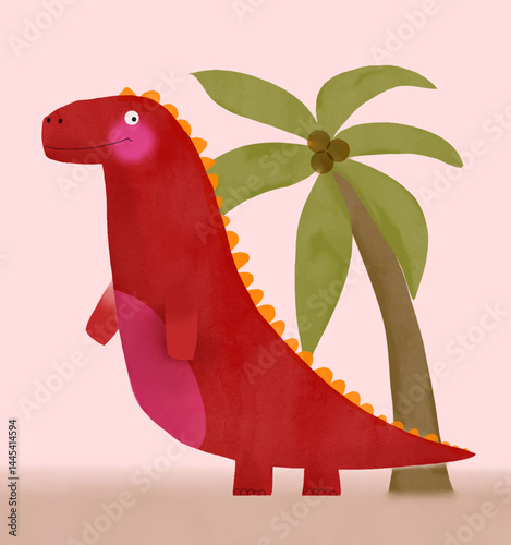 Wallpaper Mural Cute Red Dinosaur. Funny Tyrannosaurus And Palm Tree. Simple Nursery Art with Red Hand Drawn Dino on a Pastel Pink Background. Funny Prehistoric Animal Print Ideal for Card, Wall Art, Poster.  Torontodigital.ca