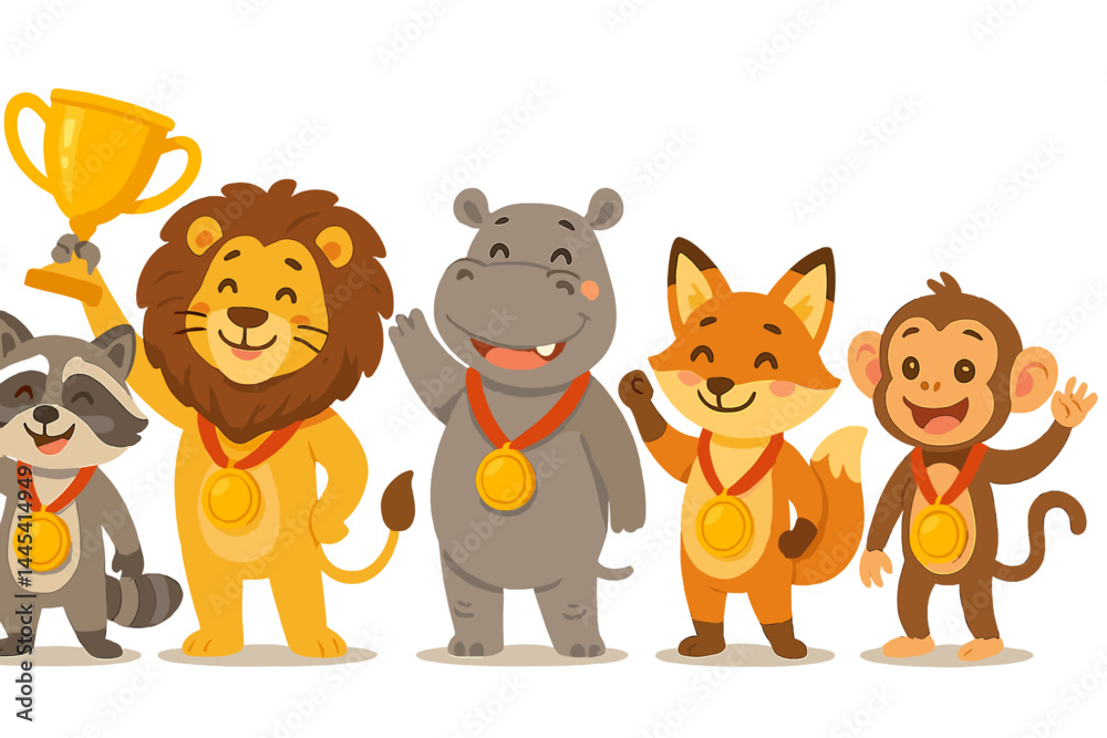 Fun vector icon of cartoon animals celebrating with medals and a trophy in a cheerful atmosphere Fun vector icon of cartoon animals celebrating with medals and a trophy in a cheerful atmosphere