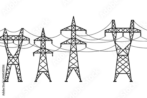 Vector icon of electrical power transmission towers connected by high-voltage lines in a minimalist design