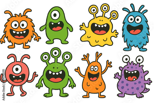 Colorful cartoon vector icons of playful monsters with various expressions and designs suitable for children's projects