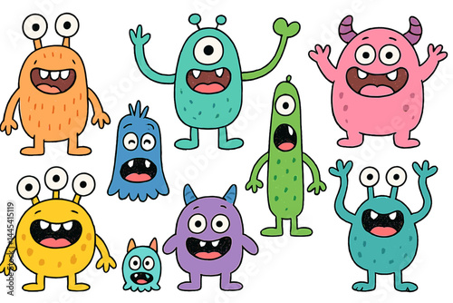 Bright and colorful vector icons of cheerful cartoon monsters celebrating in a playful arrangement