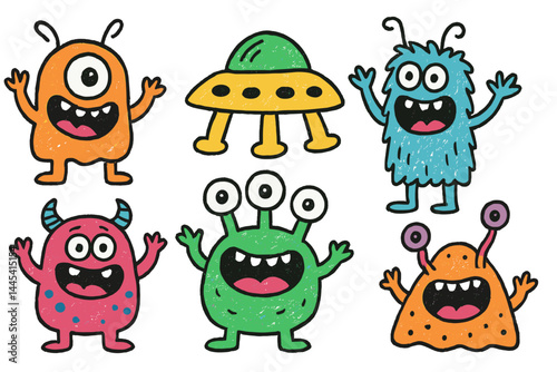 Colorful vector icon of playful monsters and a spaceship with cheerful expressions and cartoon-like features