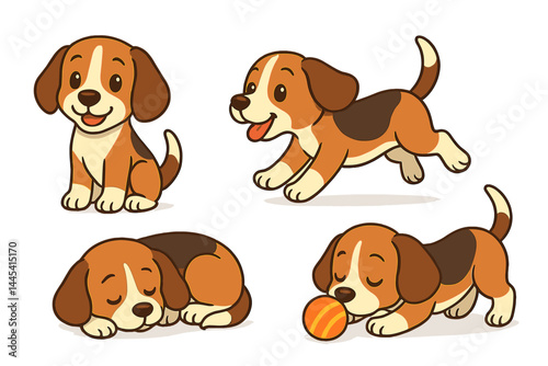 Vector icon of playful beagle puppies in various poses including sitting, running, sleeping, and playing with a ball