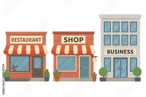 Vector icon showcasing a vibrant city block featuring a restaurant, shop, and business with colorful awnings