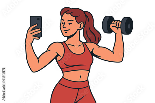 Modern fitness enthusiast takes a selfie while lifting a dumbbell at the gym during a workout session