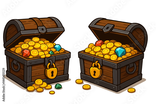 Vector icon of treasure chests overflowing with gold coins and gems for use in gaming and fantasy applications