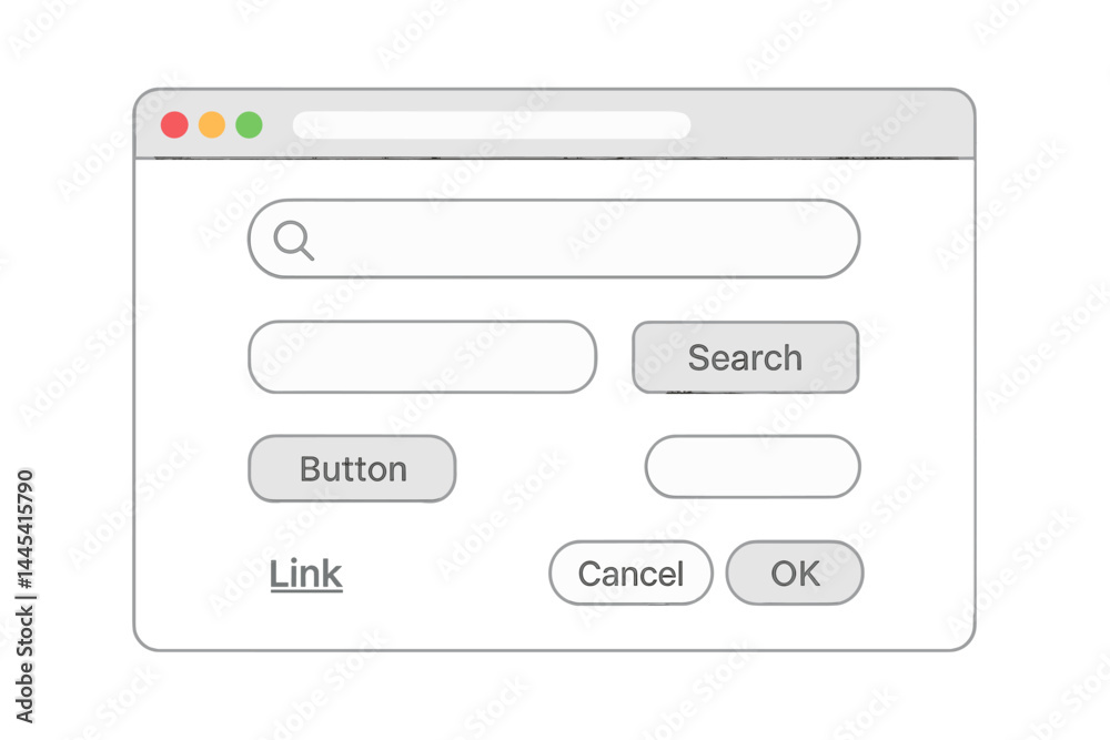 Vector icon depicting a user interface design with search bar, buttons, and options for interaction Vector icon depicting a user interface design with search bar, buttons, and options for interaction