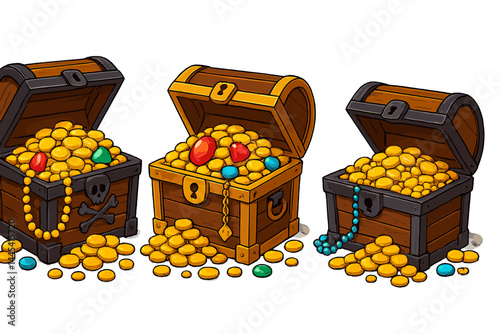 Three treasure chests filled with gold coins and jewels artfully arranged in a vector style