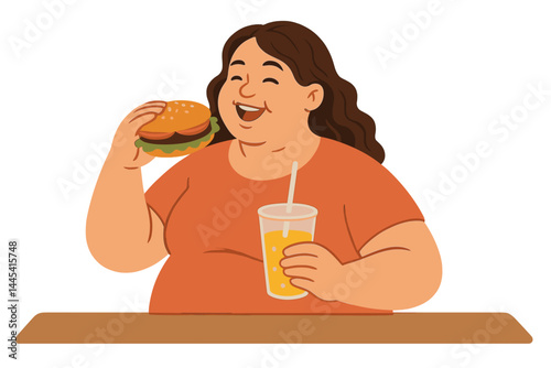 Happy person enjoying a burger and a drink while sitting at a table during a casual meal time