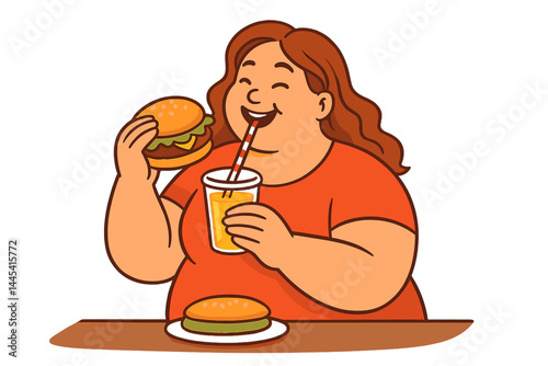 Enjoying a burger and drink while smiling, representing a cheerful dining moment