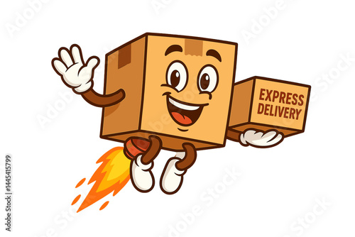 Cheerful vector icon of a box character delivering express packages with rocket power and waving hand