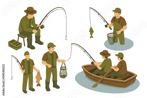 Vector icons depicting various fishing activities including angling, catch, and boat fishing