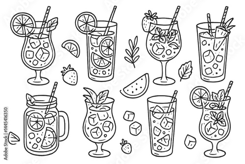 Refreshing summer beverage vector icons featuring various drinks garnished with fruits and herbs in a sketched style