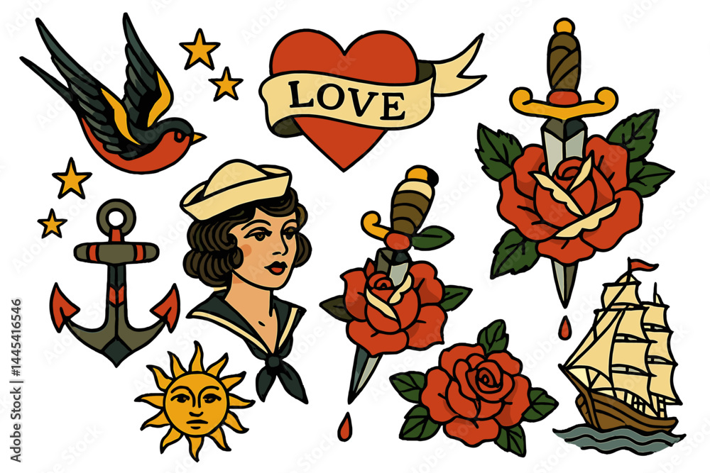 Vintage tattoo designs featuring sailor girl, roses, anchors, and classic symbols of love and adventure