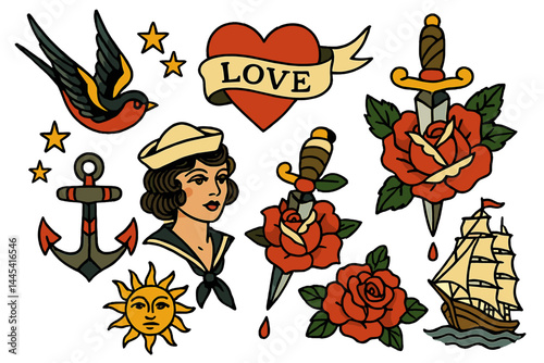 Vintage tattoo designs featuring sailor girl, roses, anchors, and classic symbols of love and adventure