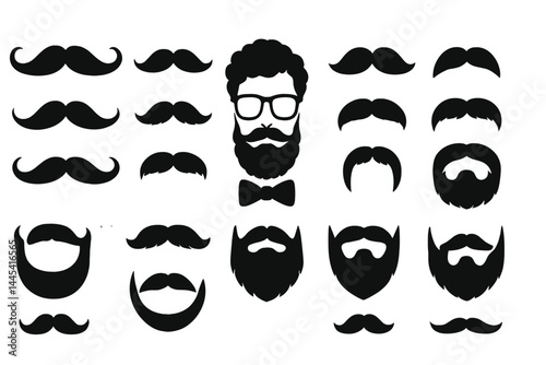 Vector icon collection showcasing various mustache and beard styles with glasses and bow tie in a minimalist design