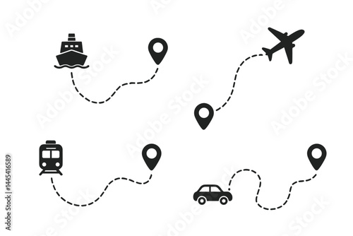Transportation vector icons depicting various travel modes and routing with location markers for seamless navigation