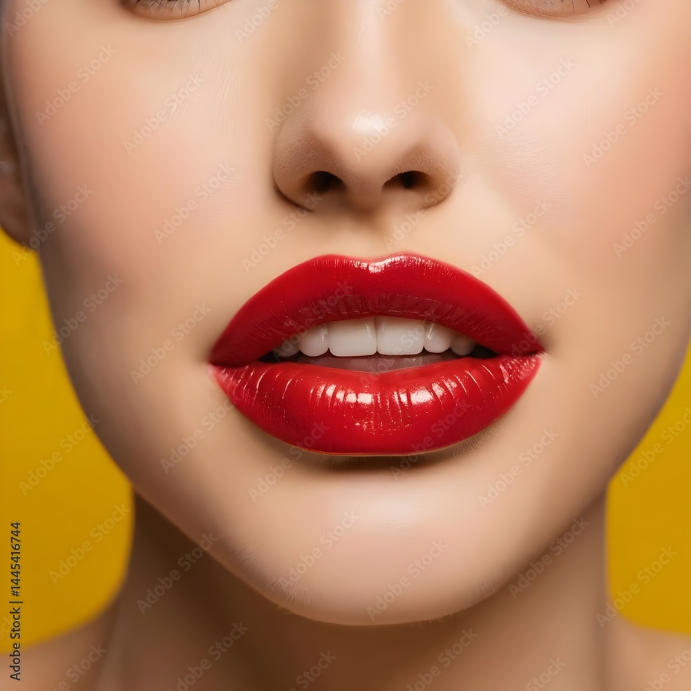 Obraz premium Close-up of Woman's Lips with Red Lipstick