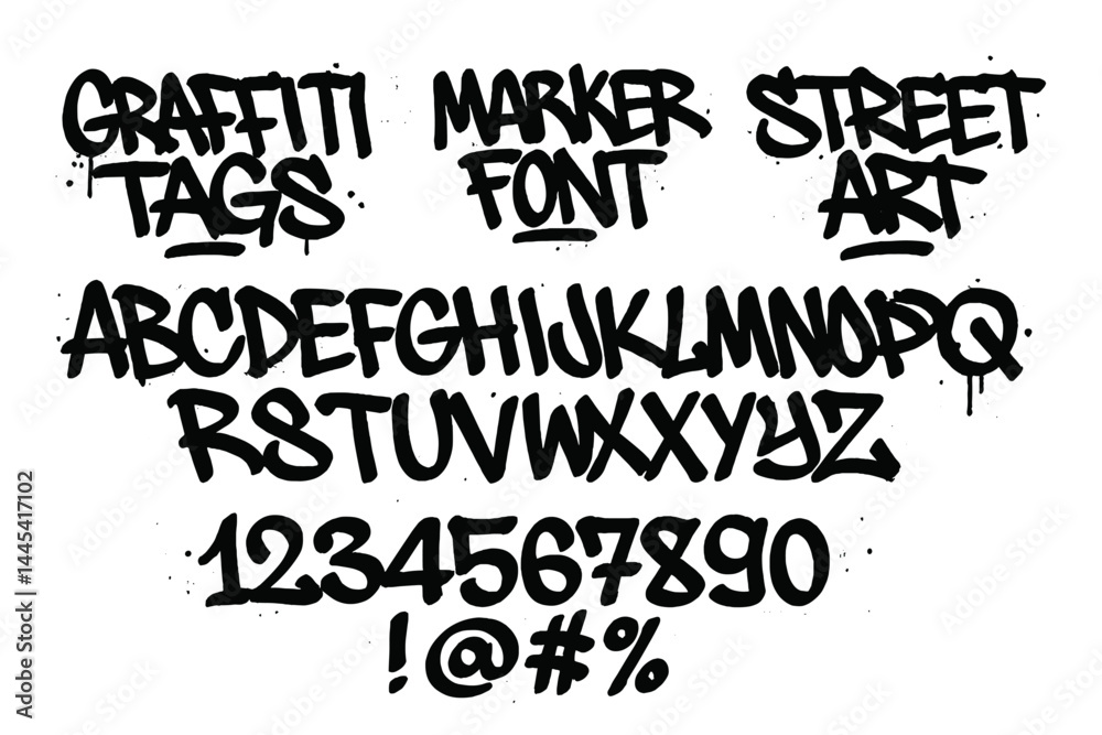 Graffiti marker font showcasing various tags, street art styles, and a full alphabet with numbers and symbols