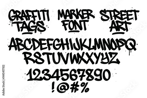 Graffiti marker font showcasing various tags, street art styles, and a full alphabet with numbers and symbols