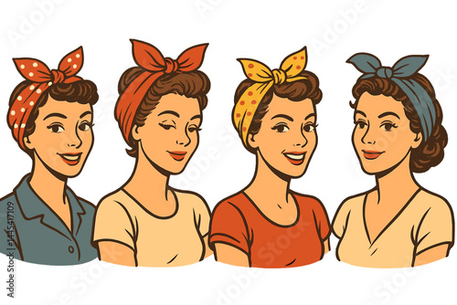 Vintage vector icons of women with headscarves in different styles and colors