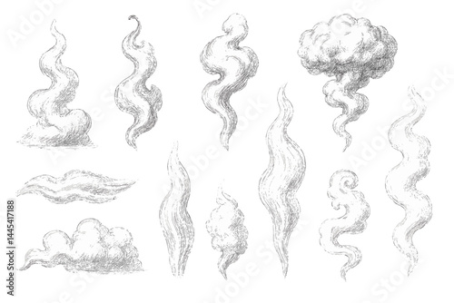 Vector icon collection of various cloud shapes and smoke wisps in a hand-drawn style suitable for creative projects