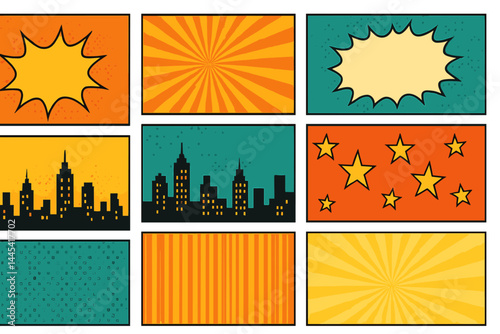 Creative comic book style vector icon featuring vibrant backgrounds with city skyline and dynamic shapes for design projects
