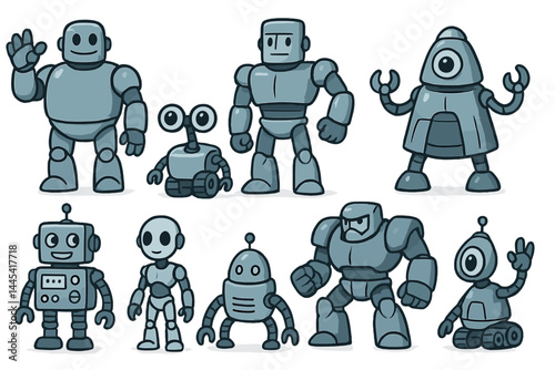 Vector icons of various cartoon robots in different designs and poses, showcasing creativity in robotic character representation