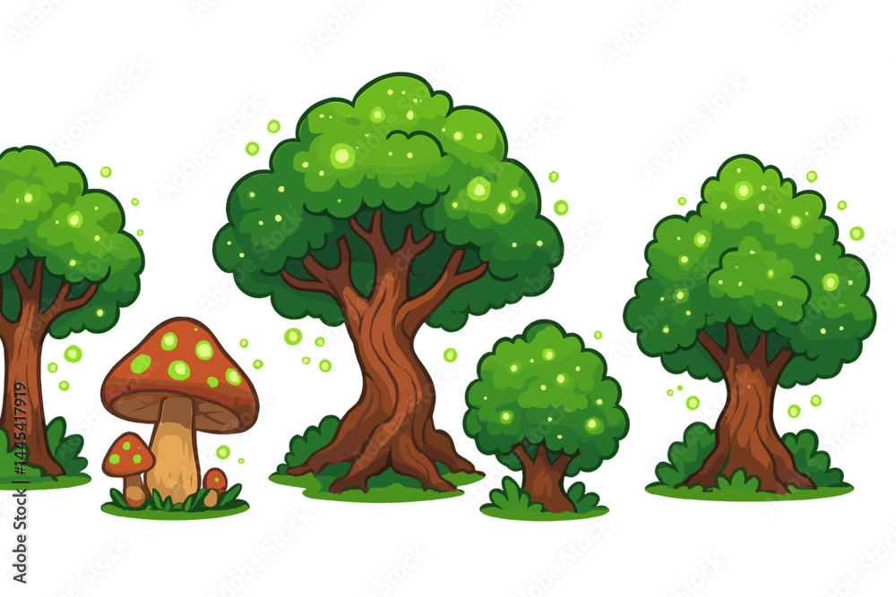 Fototapeta premium Vector icon depicting lush green trees and mushrooms in a whimsical forest setting under bright light