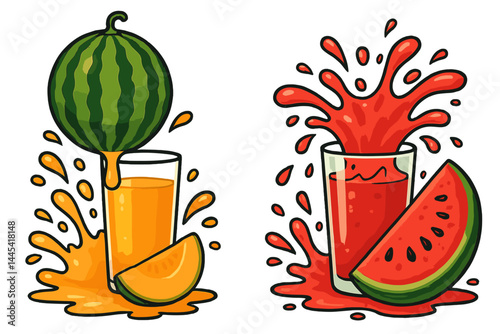 Fruit juice vector icon featuring a splash of orange juice and a watermelon drink with vibrant colors and playful design elements