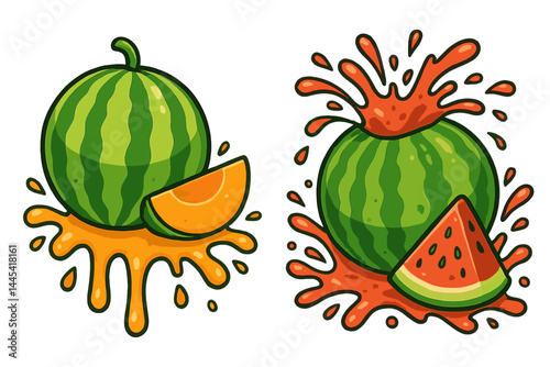 Vector icon of watermelons and cantaloupe splashing with juice in a playful style representing summer freshness and enjoyment