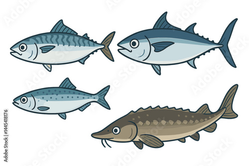 Vector icon design featuring various fish species swimming in a simple and colorful style for educational use