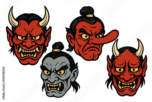 Diverse traditional Japanese yokai masks representing various emotions and characteristics in a colorful vector design
