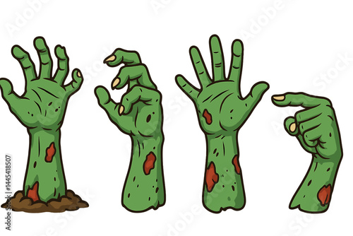 Vector icon of four zombie hand gestures emerging from the ground depicting different actions and expressions