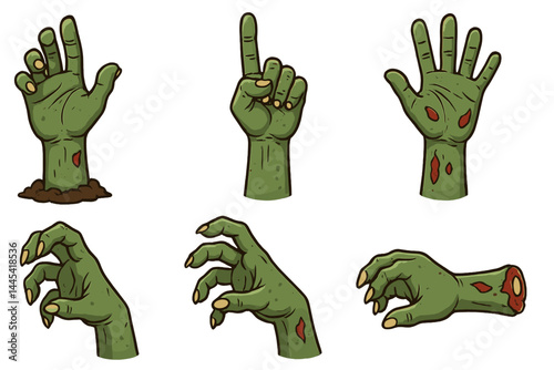 Collection of vector zombie hand icons in various poses and expressions for Halloween and horror-themed designs