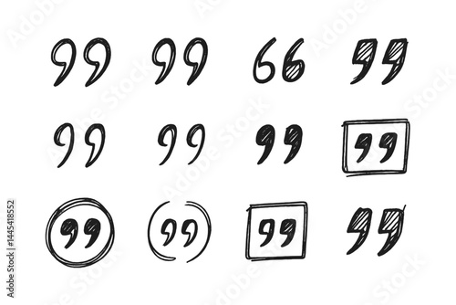 Hand-drawn vector icons of quotation marks in various styles showcasing different artistic representations for design