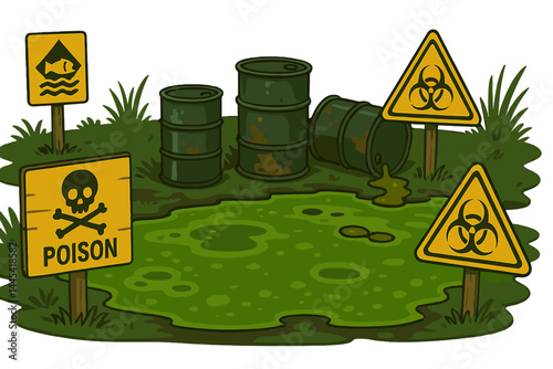 Vector icon depicting a hazardous waste area with warning signs, toxic barrels, and contaminated water in a polluted environment
