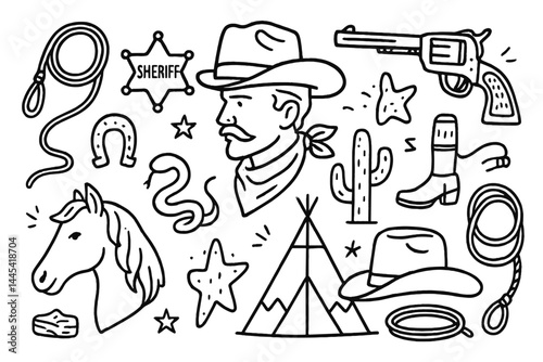 Vector icon collection featuring western-themed elements such as cowboys, sheriff badges, and desert motifs