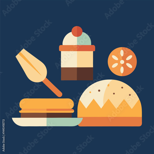 Vector food illustration icon set design with bread, cheese, and butter for bakery breakfast