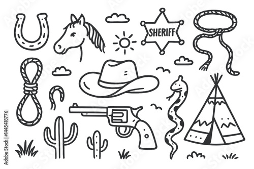 Vector icon featuring cowboy elements such as horses, sheriff badge, and western accessories