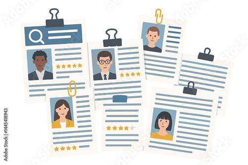 Collection of vector icons depicting resumes with profiles, ratings, and icons for job applications and recruitment